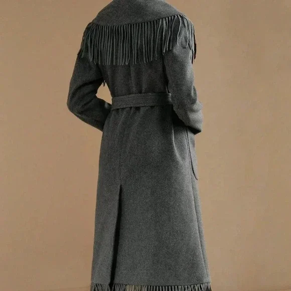 Grey Elegant Women's Faux Fur Collar Wool Blend Jacket With Fringe Trim - Picture 2 of 8